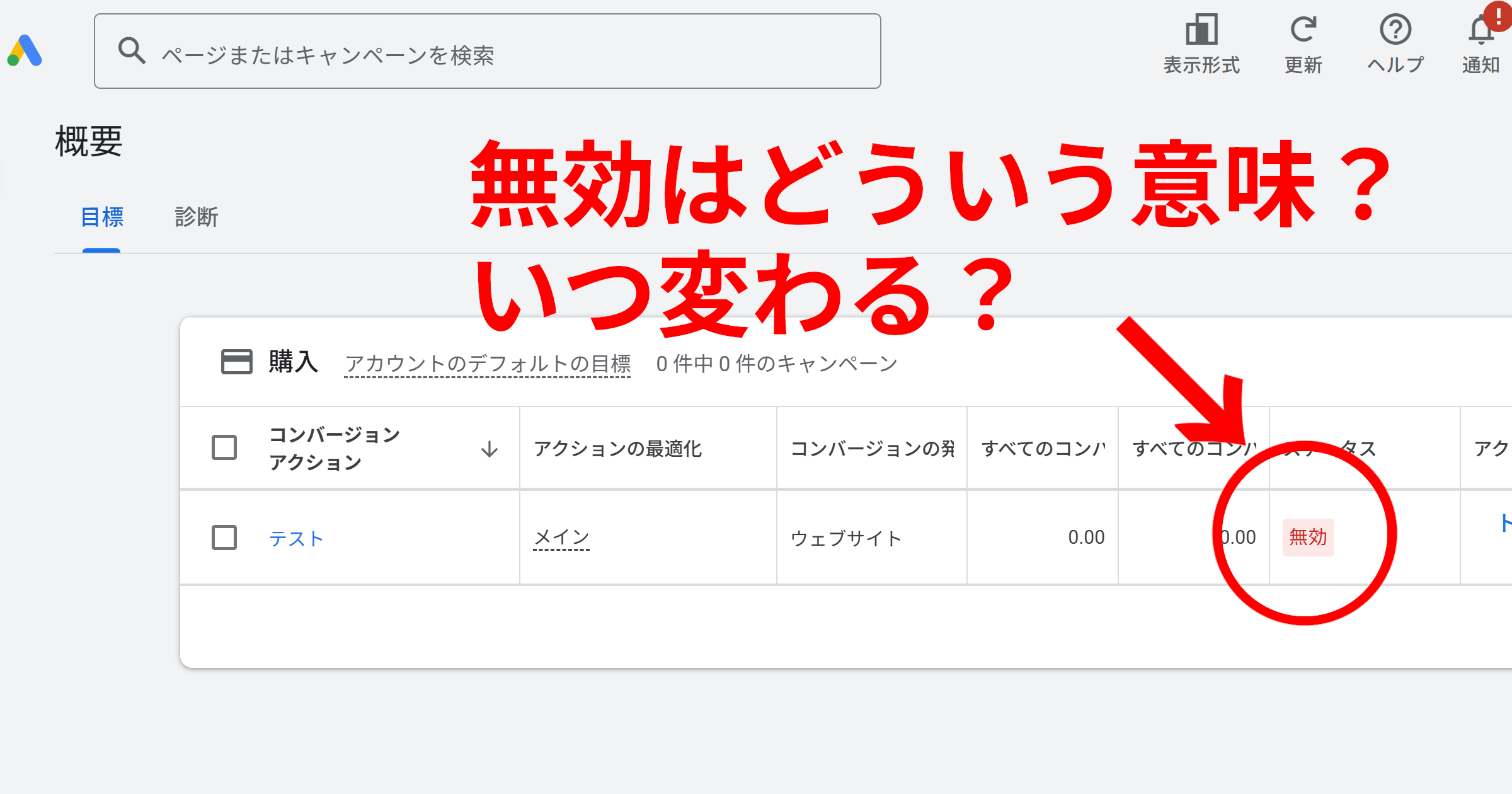 Google広告のコンバージョンステータスが無効である状態の画像